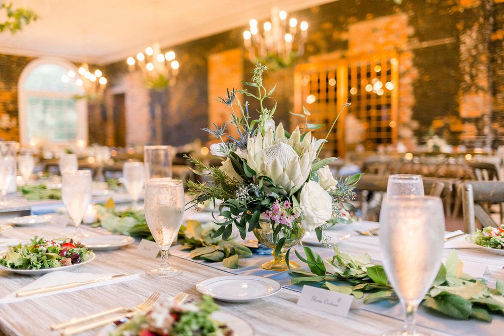 king-protea-wedding-bouquet-wedding-globe-table-number-white-globe-on-gold-stand-chelsea-adams-mike-gil-smithfield-winery-viringia-wedding