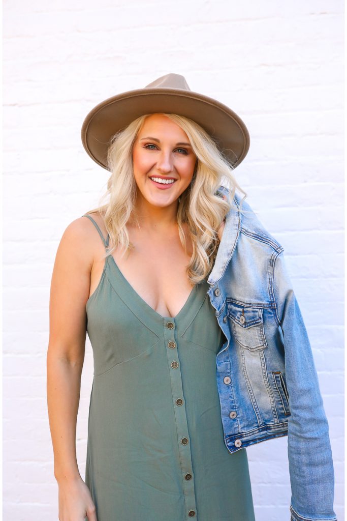 dressing-for-spring-when-it-is-chilly-transitional-style-sage-maxidress-ruffle-maxidress-denim-jacket-women-hat-fedora-lack-of-color-dupe-chelsea-adams-hampton-roads-blogger-virginia-beach-real-estate-agent-blonde-highlights