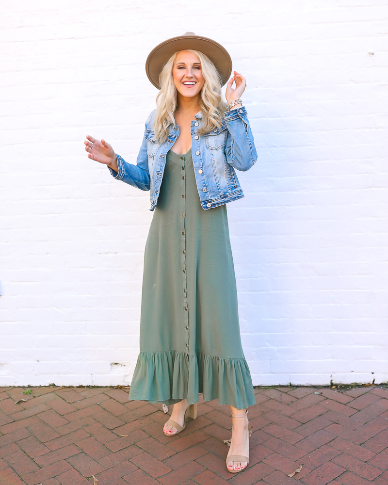 dressing-for-spring-when-it-is-chilly-transitional-style-sage-maxidress-ruffle-maxidress-denim-jacket-women-hat-fedora-lack-of-color-dupe-chelsea-adams-hampton-roads-blogger-virginia-beach-real-estate-agent