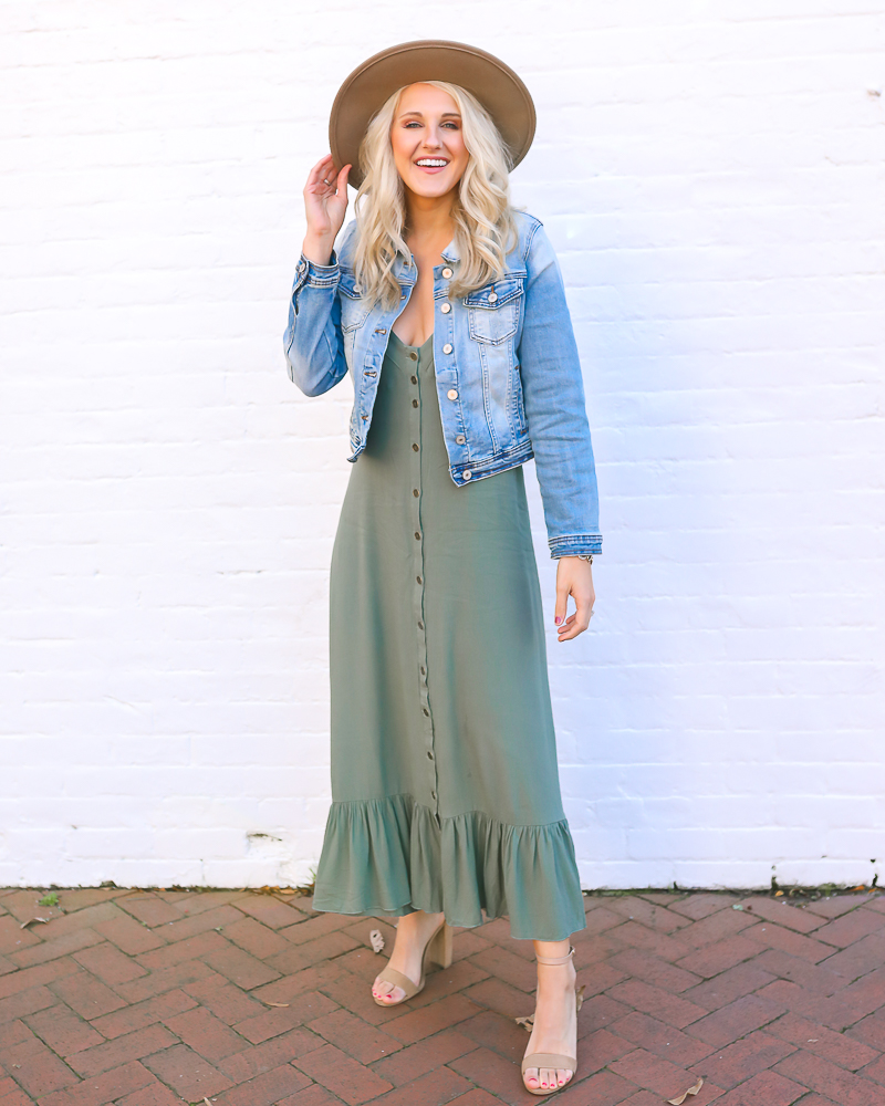 dressing-for-spring-when-it-is-chilly-transitional-style-sage-maxidress-ruffle-maxidress-denim-jacket-women-hat-fedora-lack-of-color-dupe-chelsea-adams-hampton-roads-blogger-virginia-beach-real-estate-agent-norfolk-va