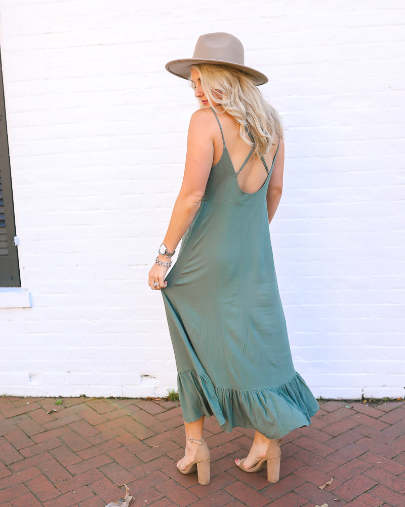 dressing-for-spring-when-it-is-chilly-transitional-style-sage-maxidress-ruffle-maxidress-denim-jacket-women-hat-fedora-lack-of-color-dupe-chelsea-adams-hampton-roads-blogger-virginia-beach-real-estate-agent