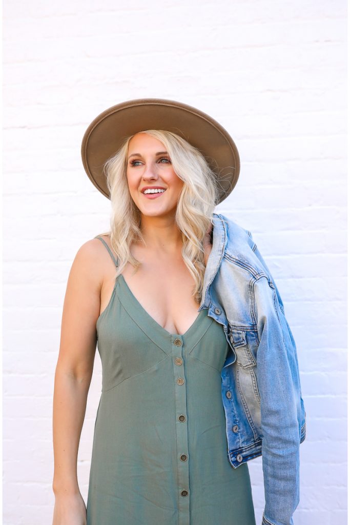dressing-for-spring-when-it-is-chilly-transitional-style-sage-maxidress-ruffle-maxidress-denim-jacket-women-hat-fedora-lack-of-color-dupe-chelsea-adams-hampton-roads-blogger-virginia-beach-real-estate-agent-norfolk-virginia