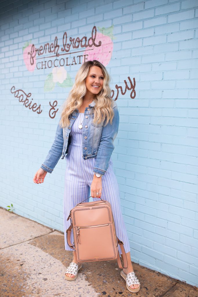 blue-and-white-striped-jumpsuit-chelsea-adams-blog-asheville-blogger-womens-fashion-summer-outfit-ideas-kaya-laptop-backpack-calpack-french-broad-chocolate