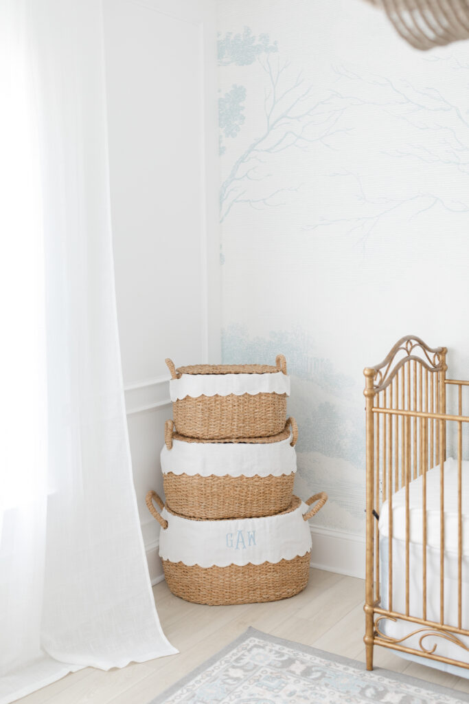 grandmillenial nursery boy nursery stacked scallop baskets
