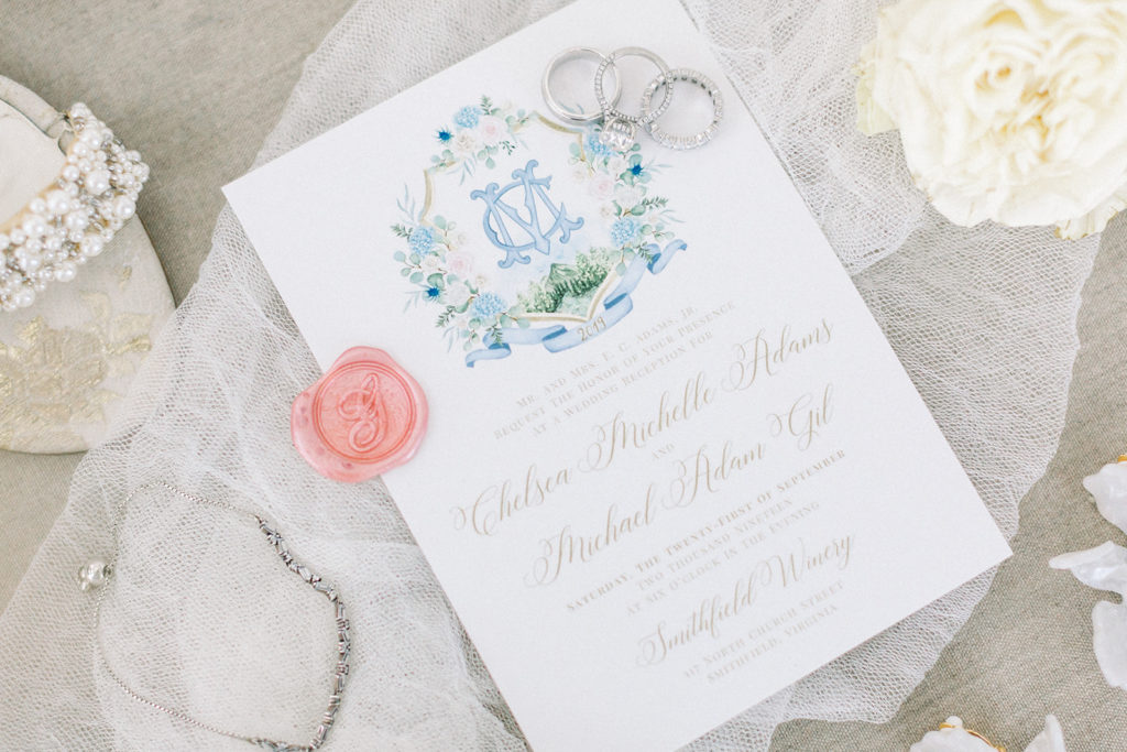 chelsea-adams-mike-gil-wedding-custom-watercolor-crest-monogram-wedding-invitation-french-blue